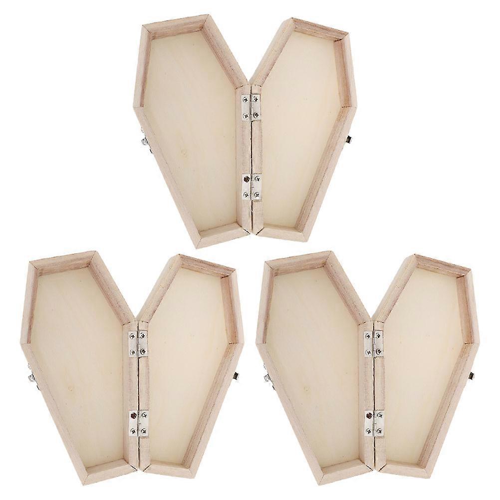 Halloween Coffin Shape Box 3Pcs Unpainted Storage Container Beige Wood for Diy Craft