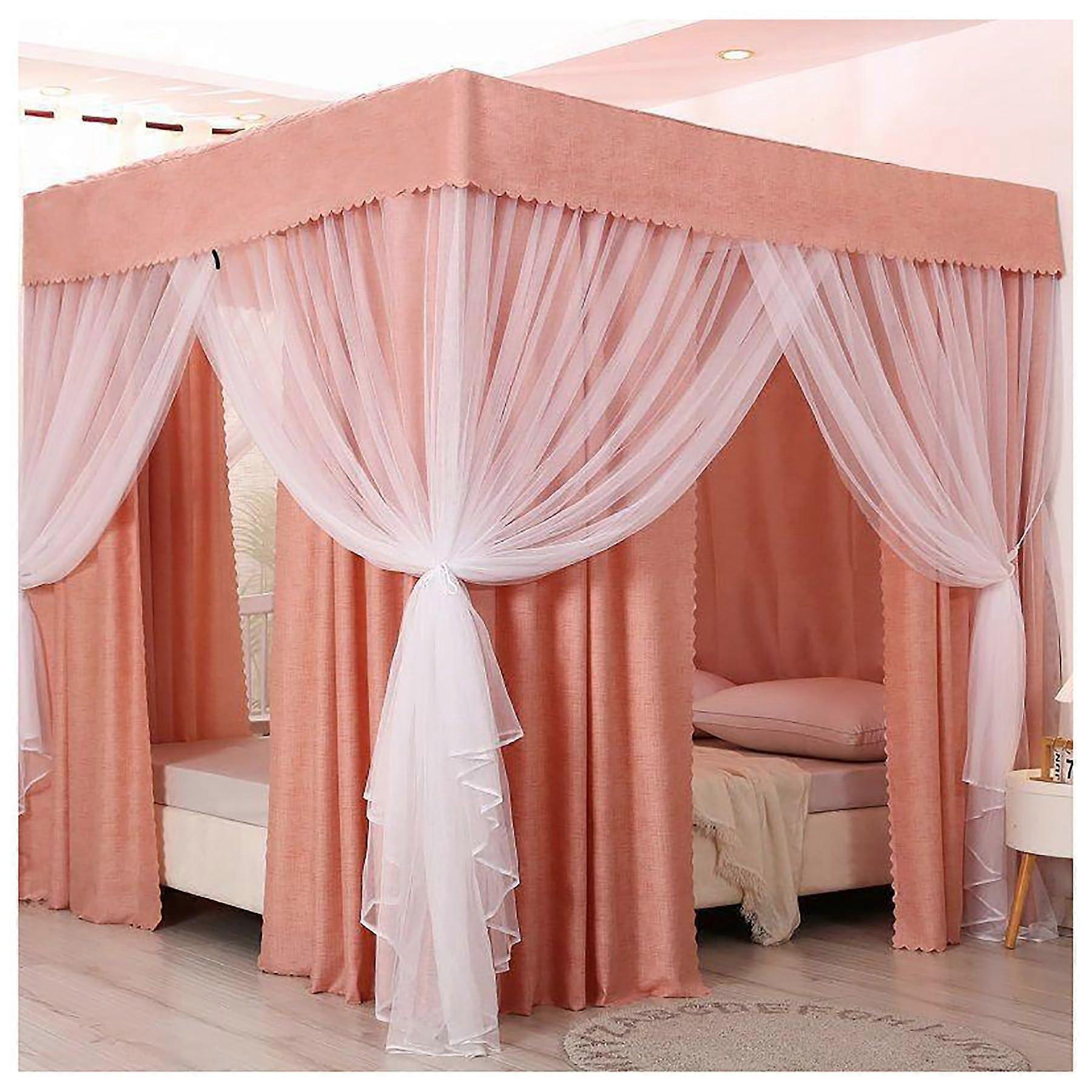 Bed Curtain Canopy 4Corner Post Bed Frame Brackets, Queen Size Pink Mosquito Net For Adults