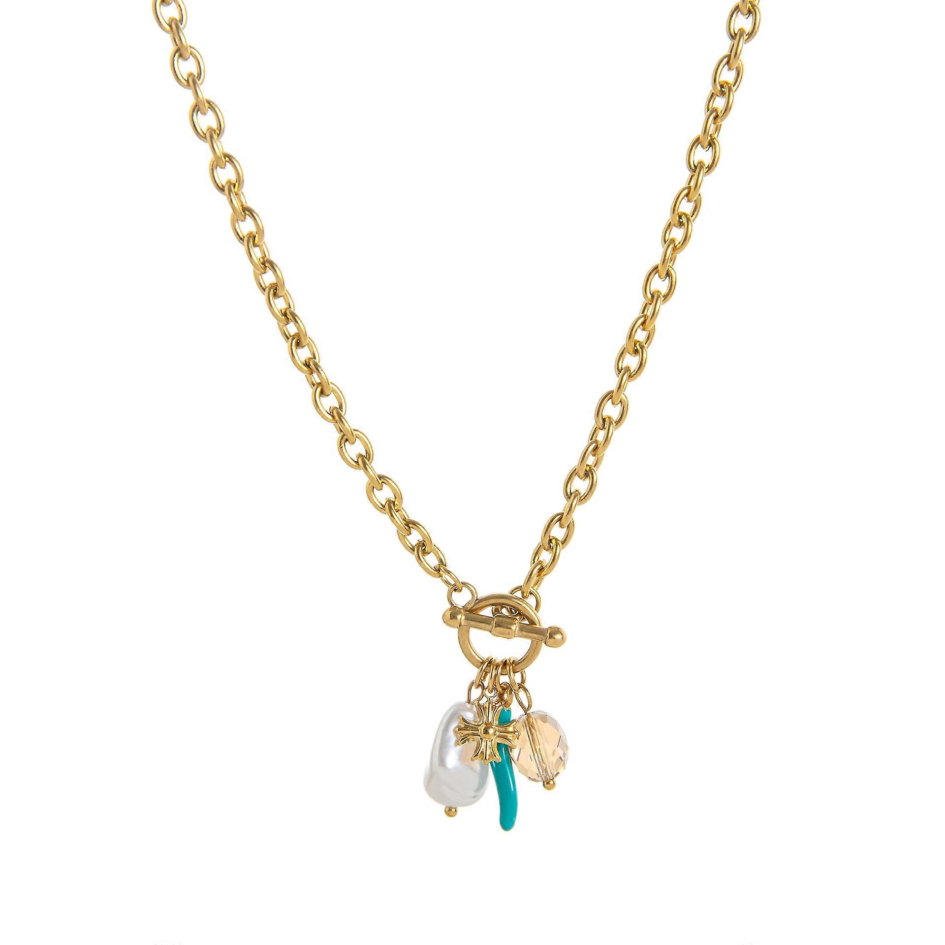 Stainless Steel Gold Plated Pearl and Cross Pendant Necklace 45cm