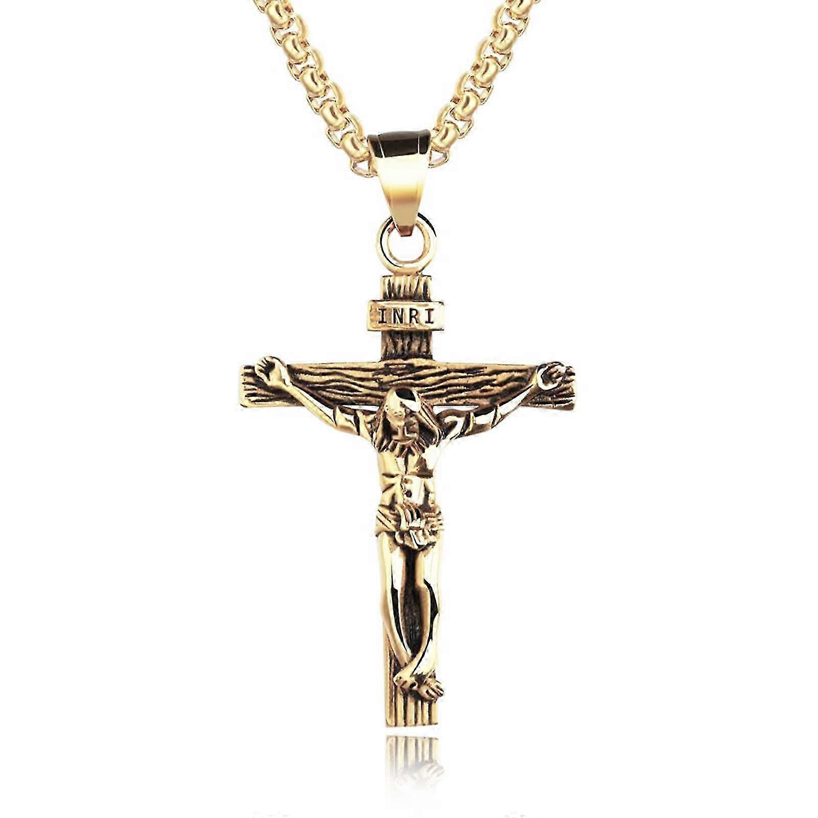 Gold Filled Solid Beveled Edge Embossed Crucifix Chain Pendant Necklace