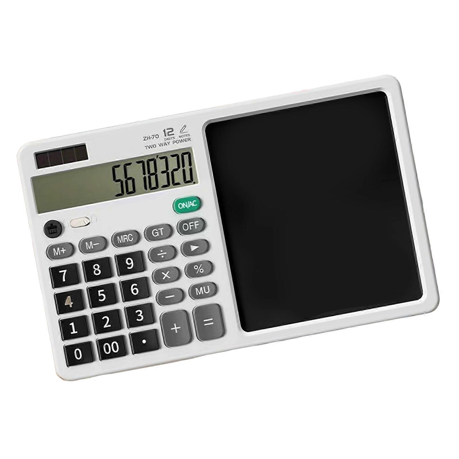 Double Power Calculator And Writing Pad With Large Screen Solar Charging Portable Silents Operation For Students Professionals  White