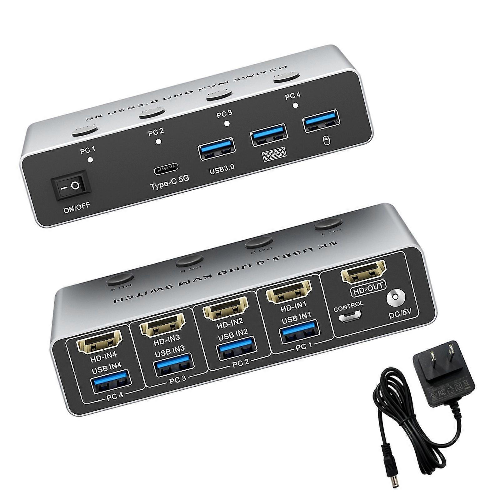 8K 4x1 UHD KVM Switcher With USB3.0 Fast Speed Metal Construction Multi Platform Control Splitter Multicolor