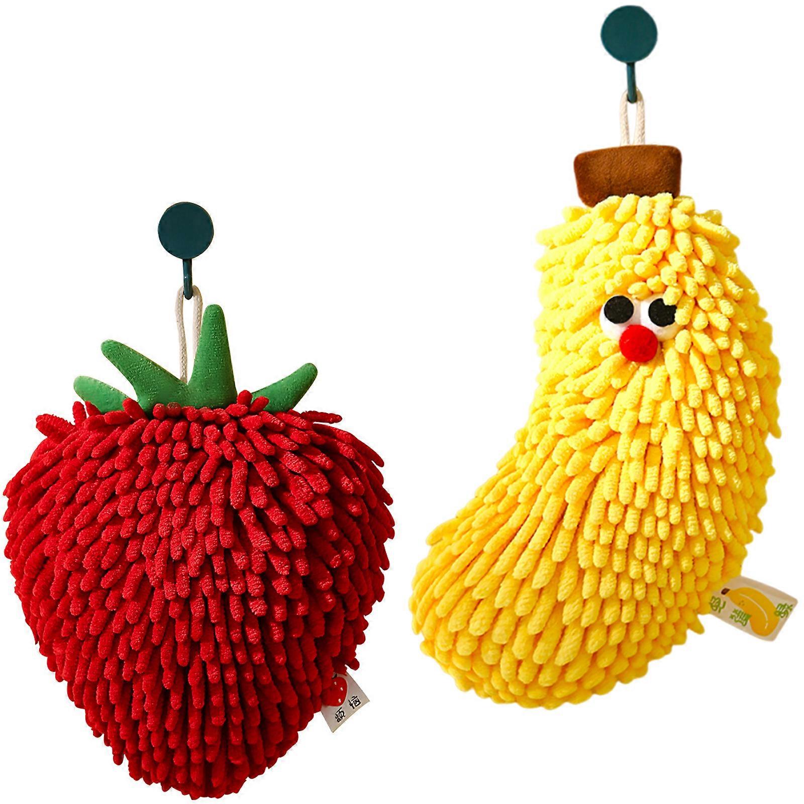 2 Pcs Creative Fruit Pattern Towels Super Soft Absorbent Chenilles Fabric Decorative Furry Ball tip Kids Favorite Multicolor