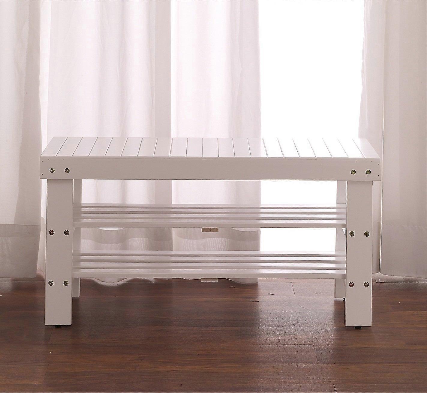Solid Wood Shoe Bench with Storage Shelf, White Entryway Seat for Small Space Apartment Organization