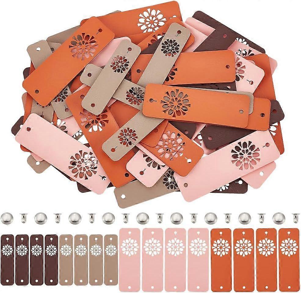 56 Sets 4 Styles PU Leather Labels Hollow Flower Design Labels Imitation Leather Handmade Embossed Tag Rectangle Flower Garment Tags with Holes for Ha