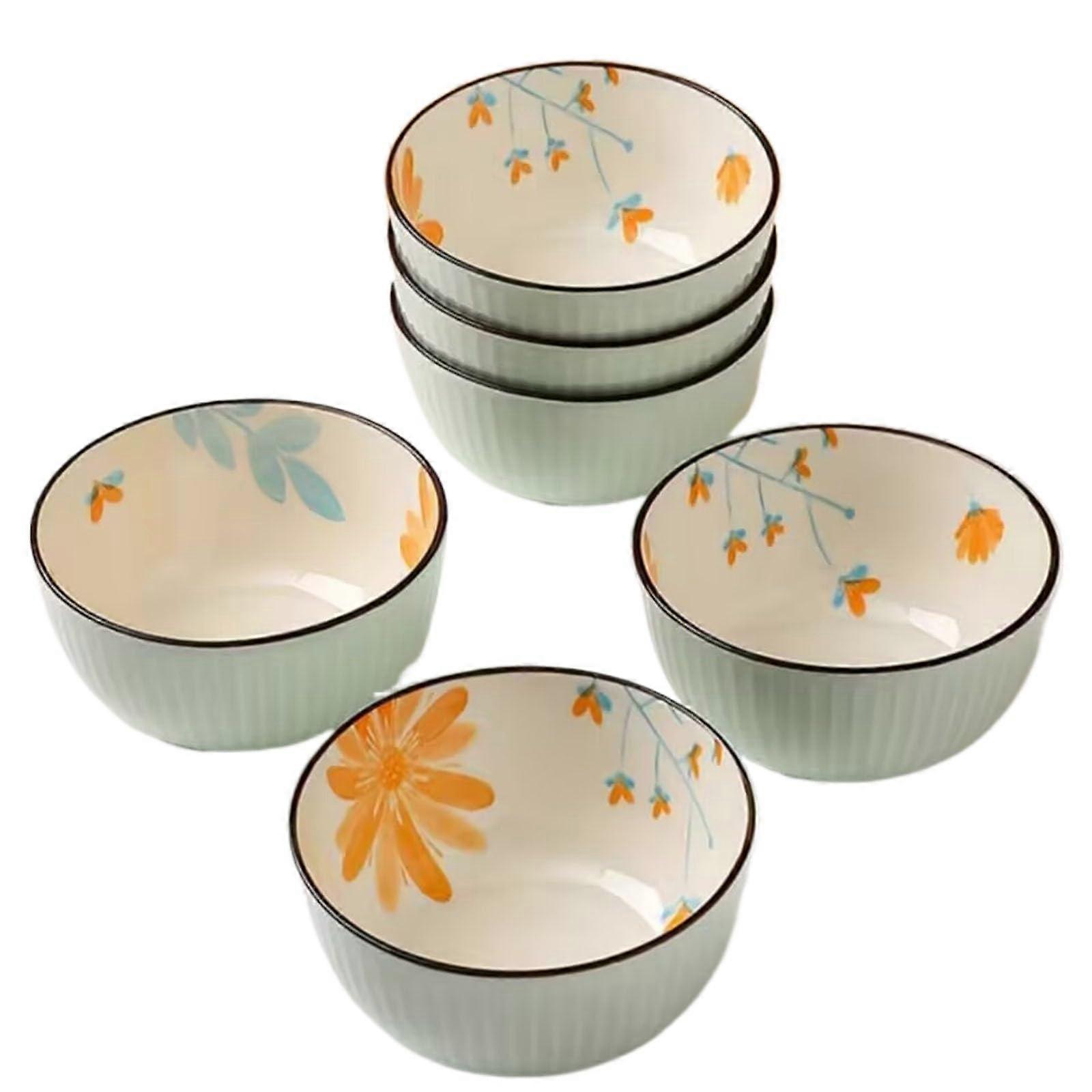 Ceramic Rice Bowl with Elegant Daisy Pattern and Embossed Stripes for Versatile Dining Use