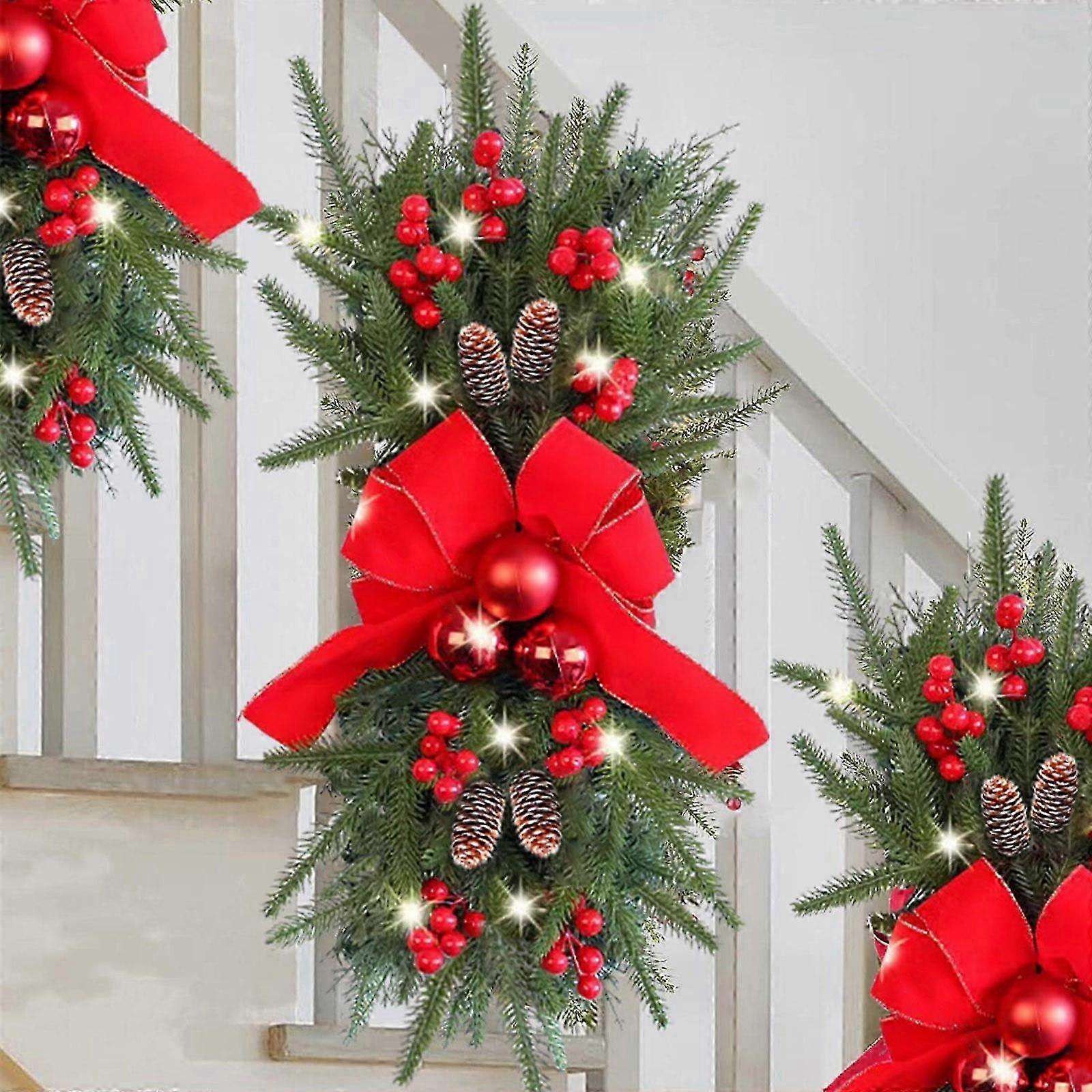 Front Door Christmas Wreath with Illuminated Bow Design