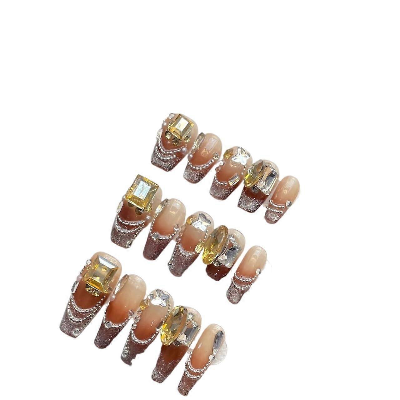 Cat Eye Gradient Press on Nails Long Ladder French Style Reusable Detachable Gold M Size