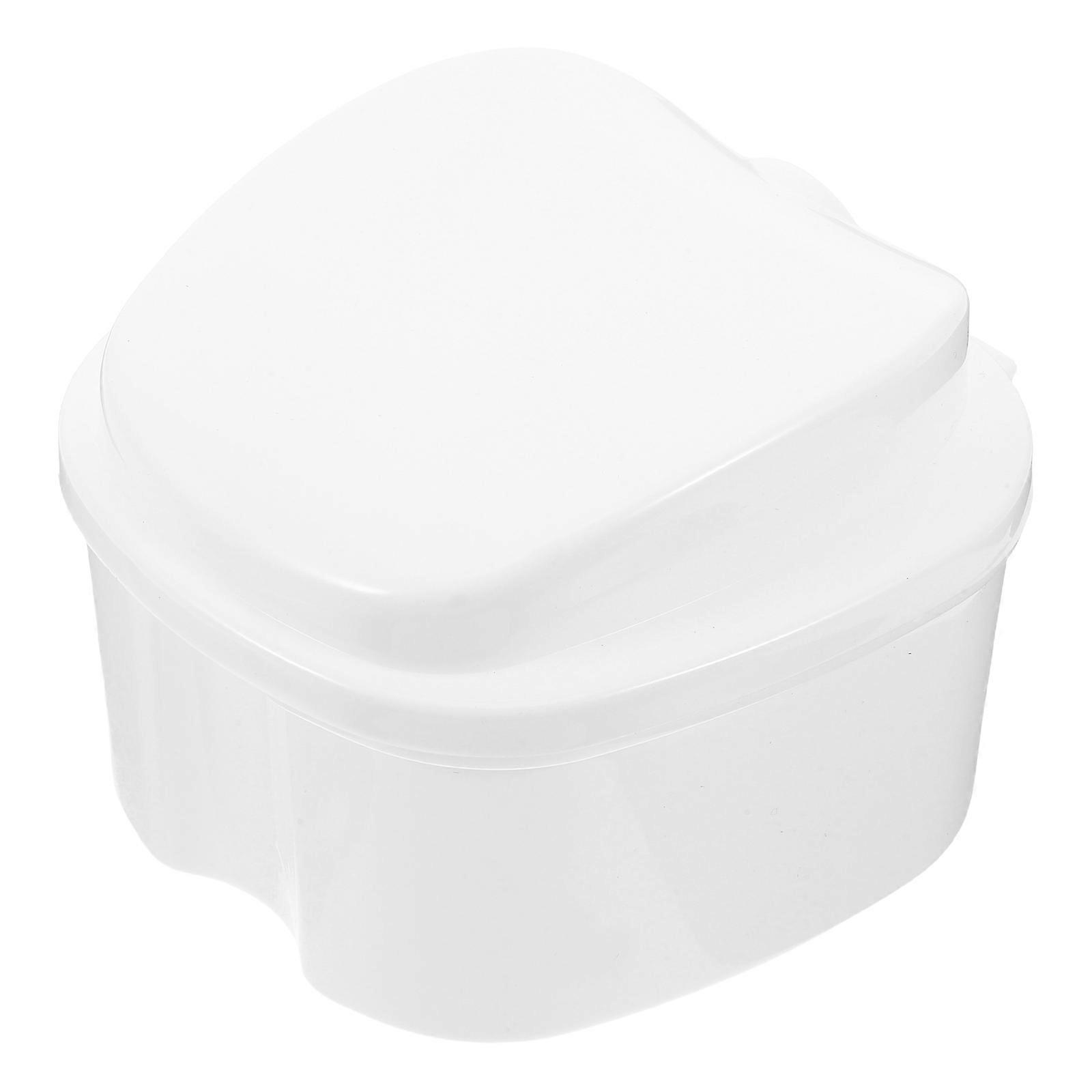 Denture Bath Box Case Dental Orthodontic Retainer False Teeth Storage Case Box with Strainer (White)