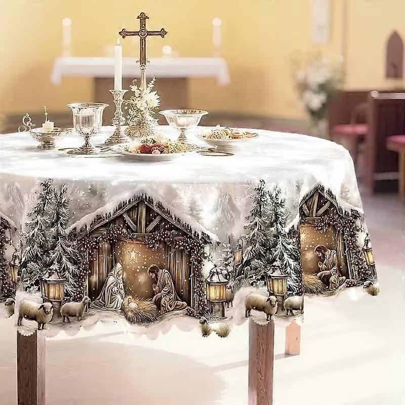 Vintage Round White Christmas Tablecloth with Nativity Scene and Sheep, Lace Trim, 58in Polyester