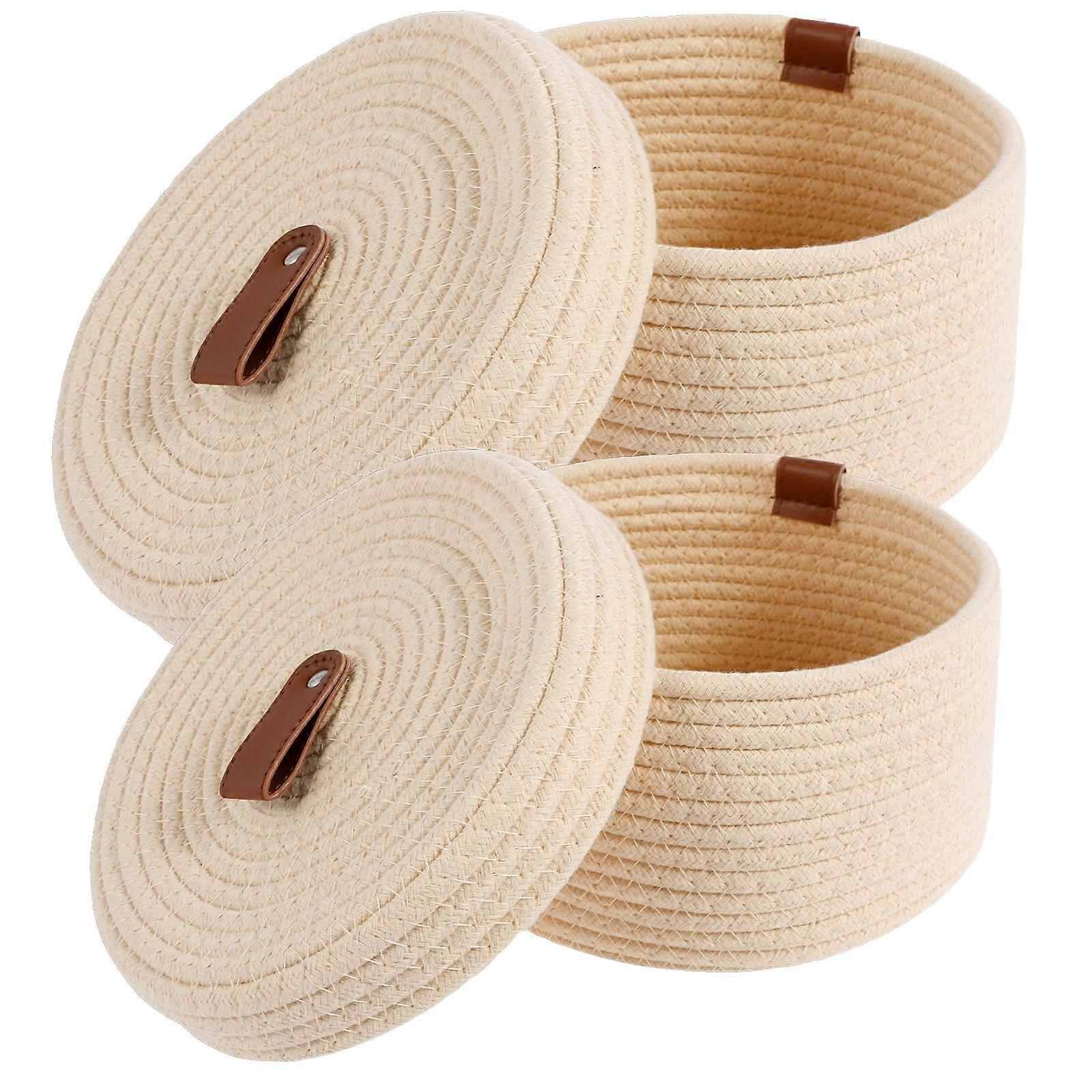2 Pcs Large Cotton Rope Storage Basket with Lid, Round Woven Decorative Basket with Handles for Home Organization (Cream)