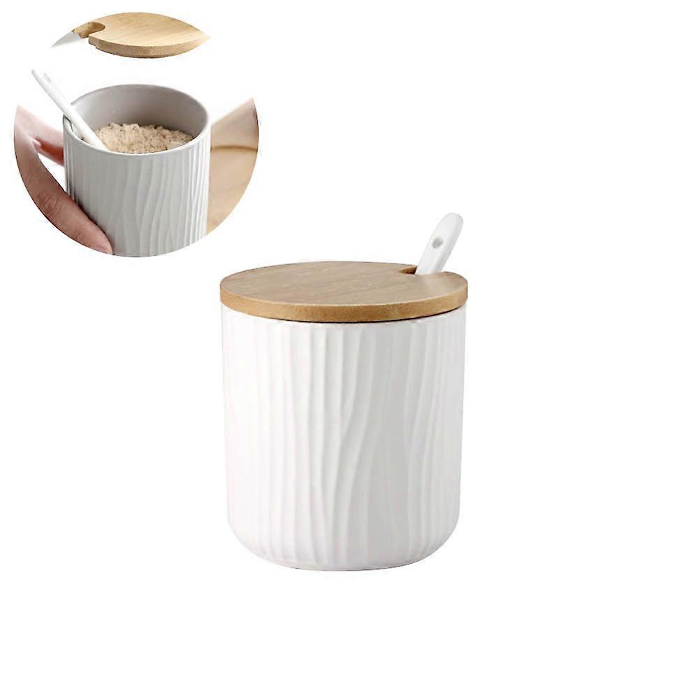 White Ceramic Spice Jar for Kitchen Use with Bamboo Lid and