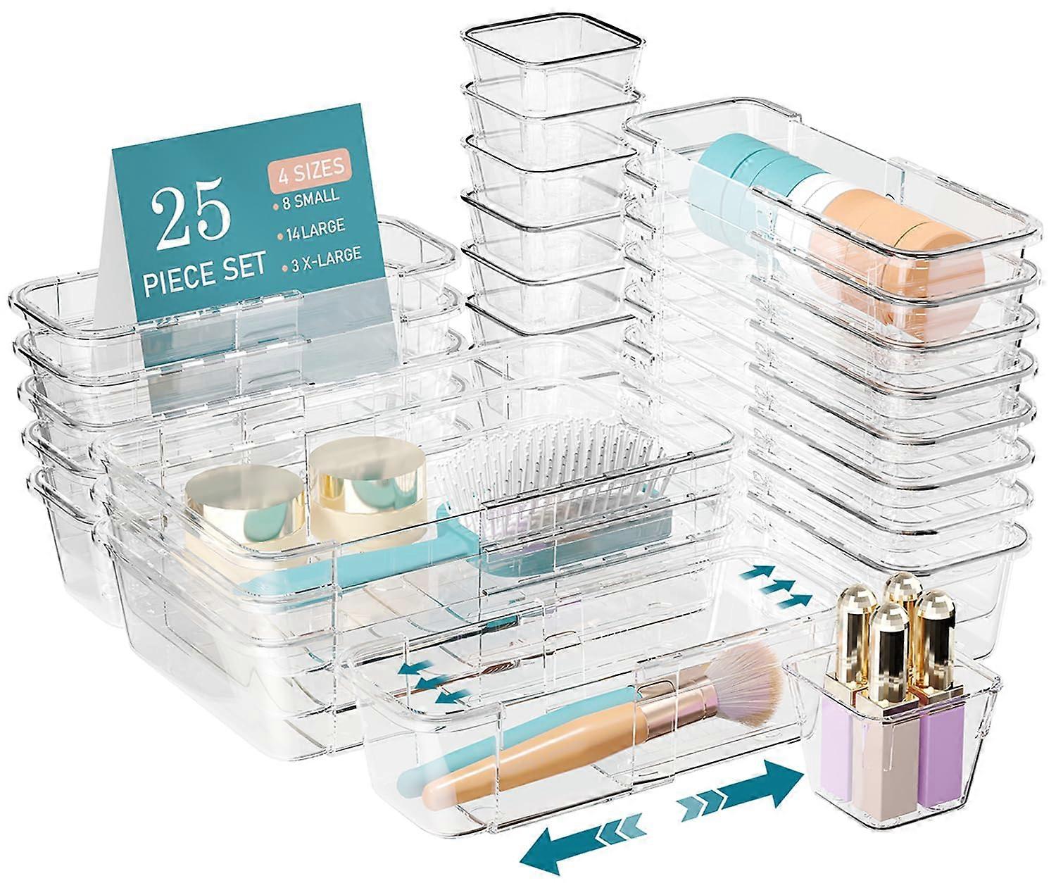 25 PCS Adjustable Clear Plastic Drawer Organizer Set with Multiple Tray Sizes for Kitchen Bathroom Office
