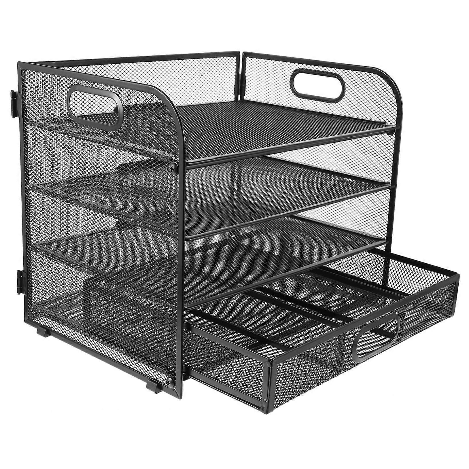 Four Layer Desktop File Organizer with PullOut Drawer Trays, Durable Metal Mesh Document Rack
