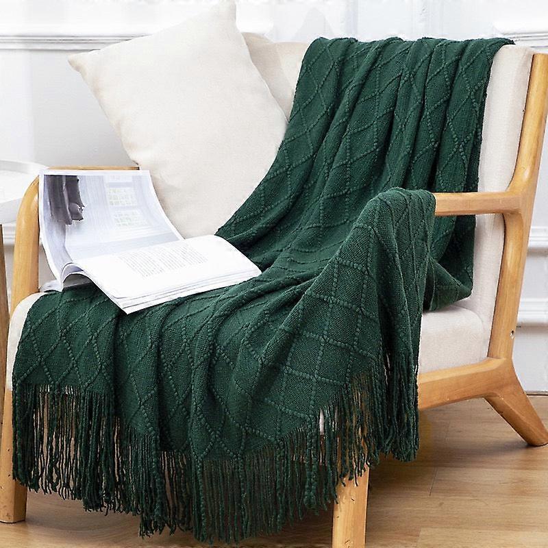 Textured Throw Blanket Solid Soft For Sofa Couch Decorative Knitted Blanket,diamond Texture ,dark Green