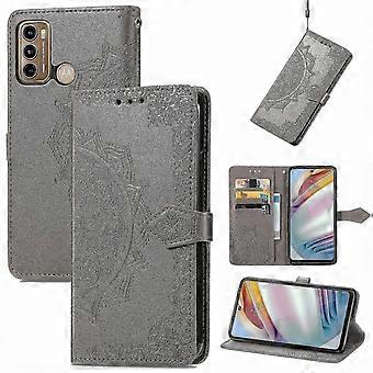 Motorola Moto G60 Case Leather Wallet Cover Emboss Mandala Magnetic Flip Protection Shockproof - Grey