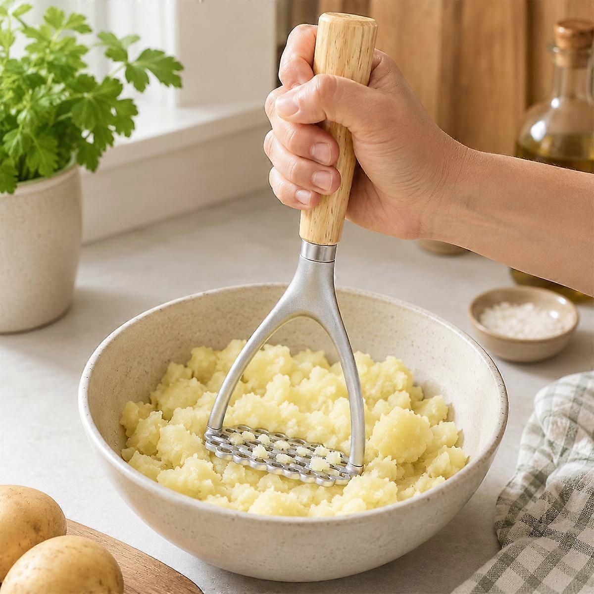 LsCook Potato Masher with Oak Handle Multifunctional Kitchen Tool