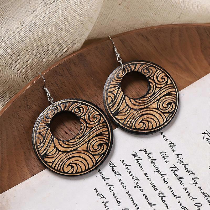 1pair Flat Round Wood Dangle Earrings Wavy 50mm