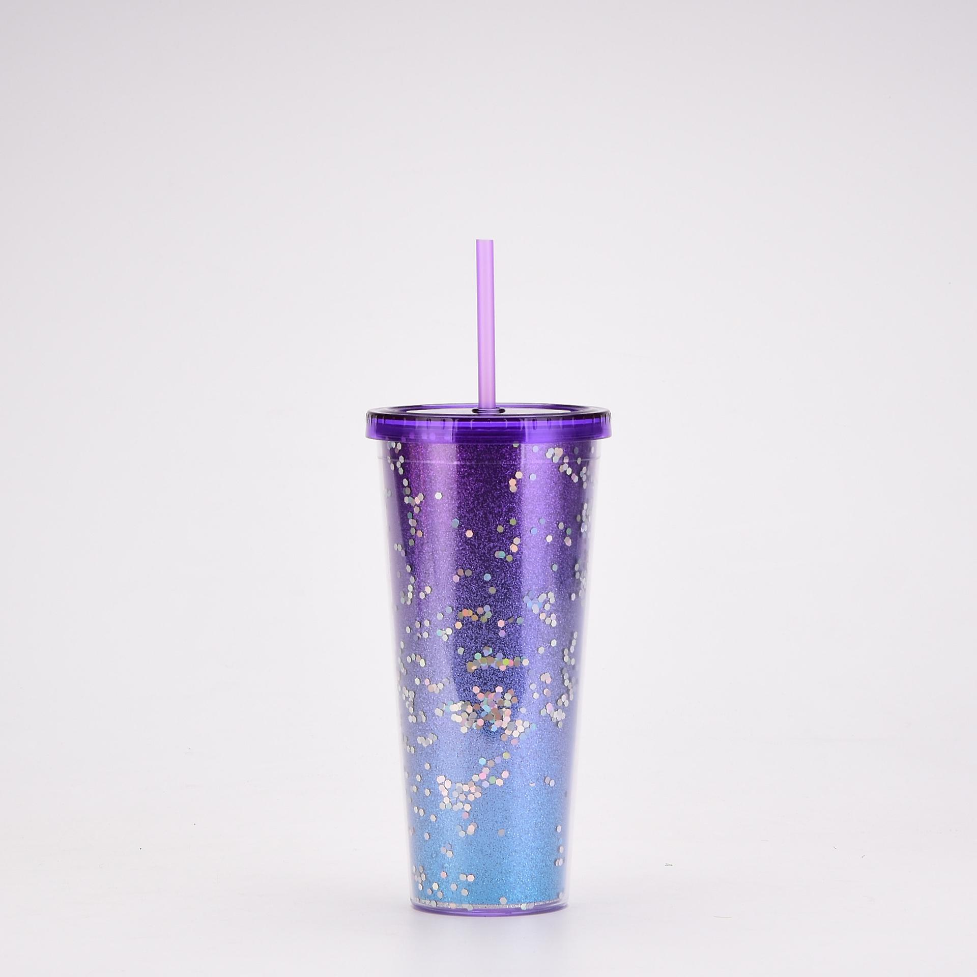 New double-layer plastic straw cup creative paper card sequined water cup high-value gradient color large-capacity cup