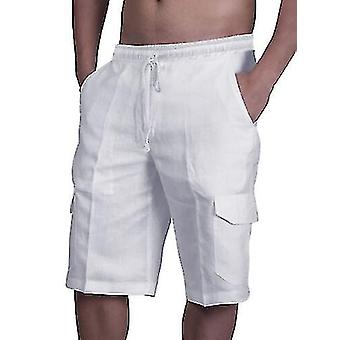 Mens Cotton Linen Shorts Elastic Waist Drawstring Summer Loose