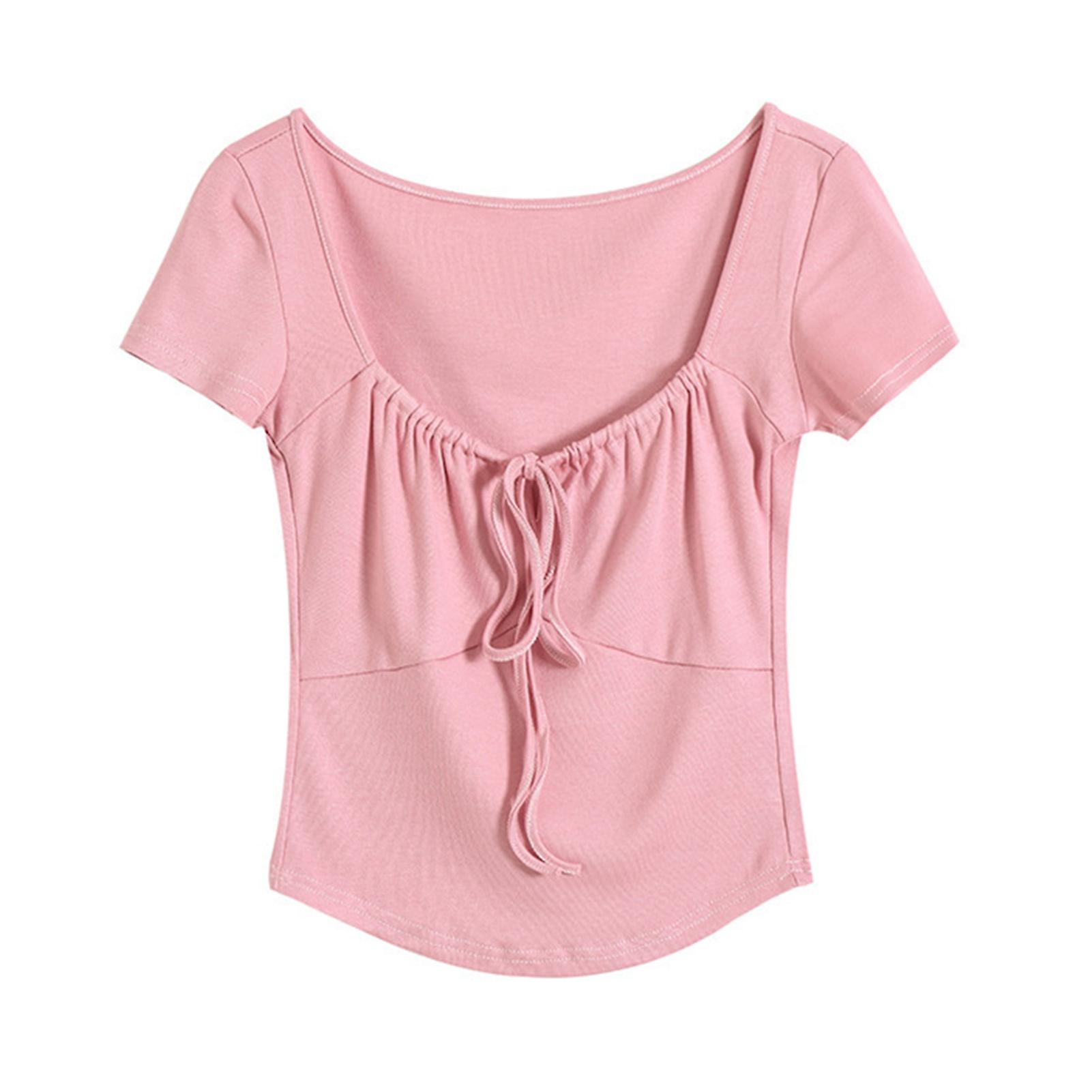 Women's Basic Square Neck T Shirt Short Sleeve Drawstring Front Solid Crop Top For Daily Life Bars Night Out
