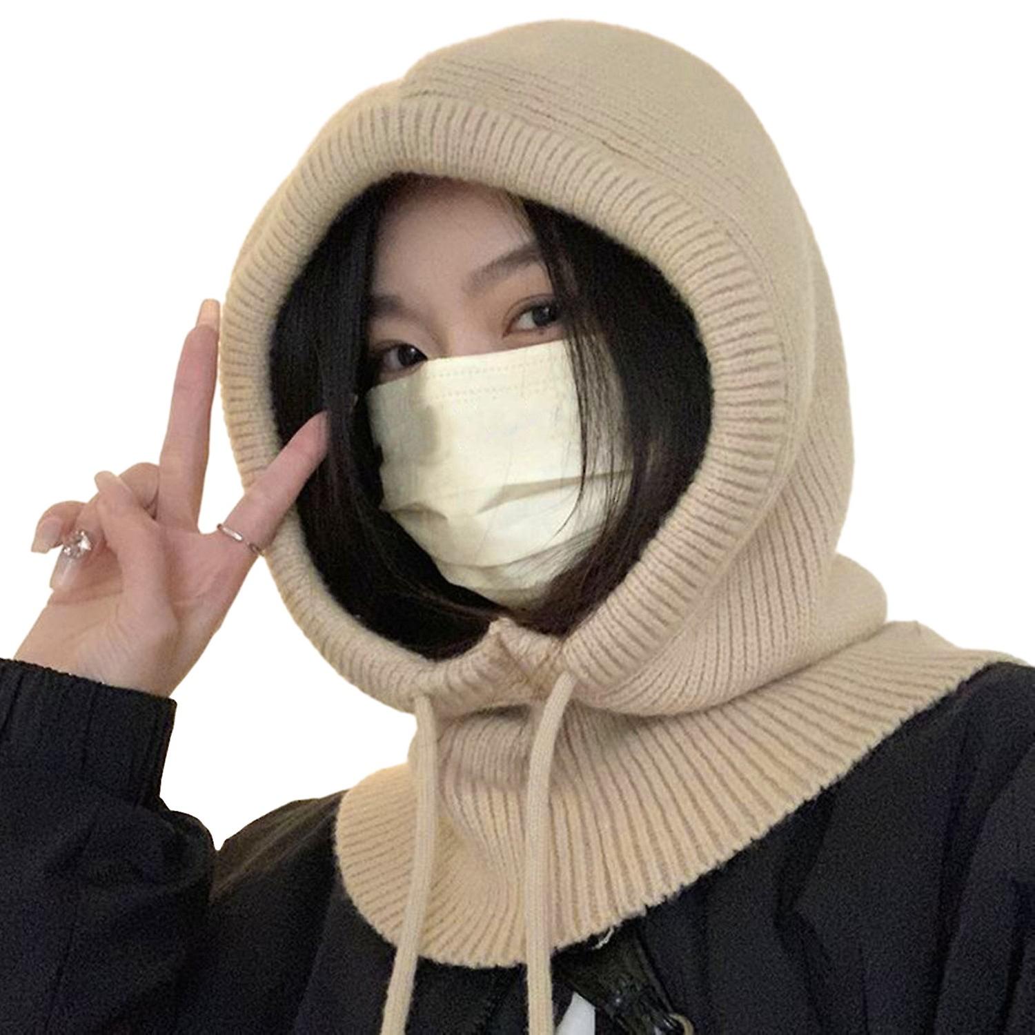 Ladies Winter Balaclava Knitted Thick Solid Color Drawstring Elastic Ear Neck Protection Lightweight