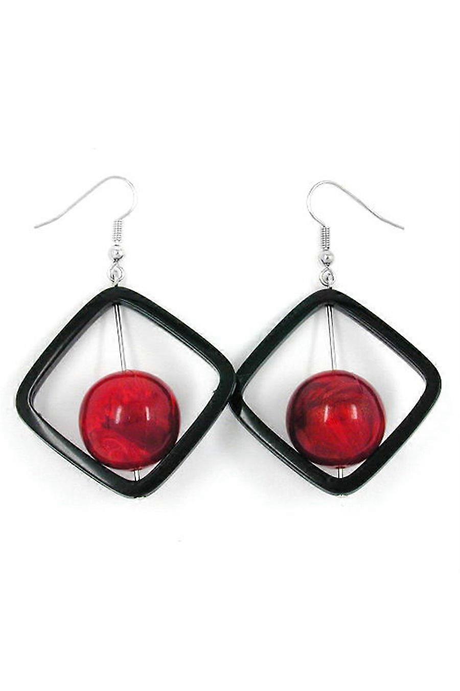 Hook Earrings Square Black With Bead Red - Gl02758