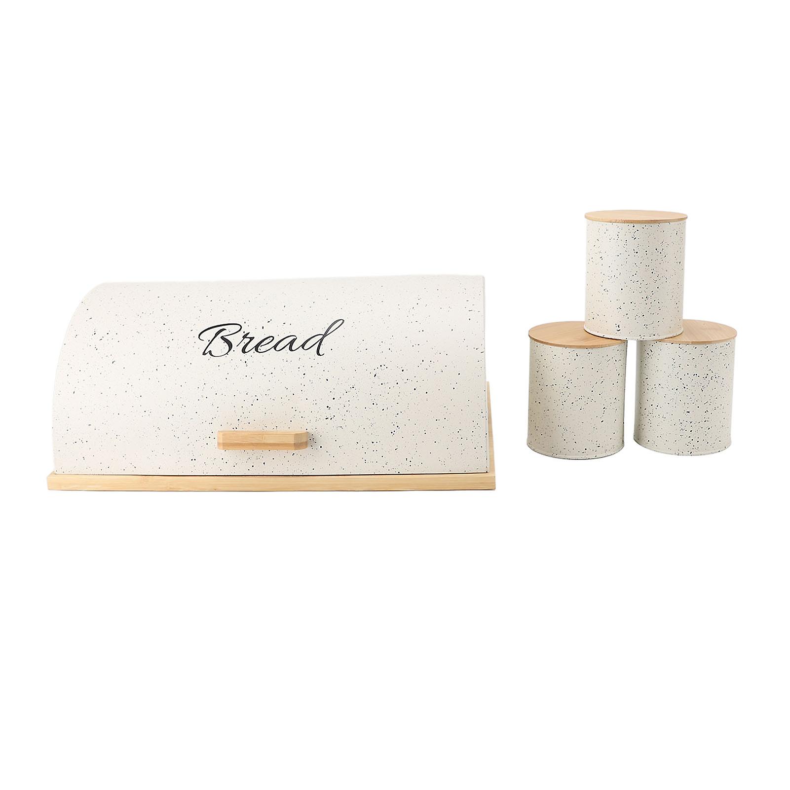 Bread Box Wooden Iron Roll Top Flat Sided Bread Storage Container with 3pcs Storage Jars for Kitchen Countertop White