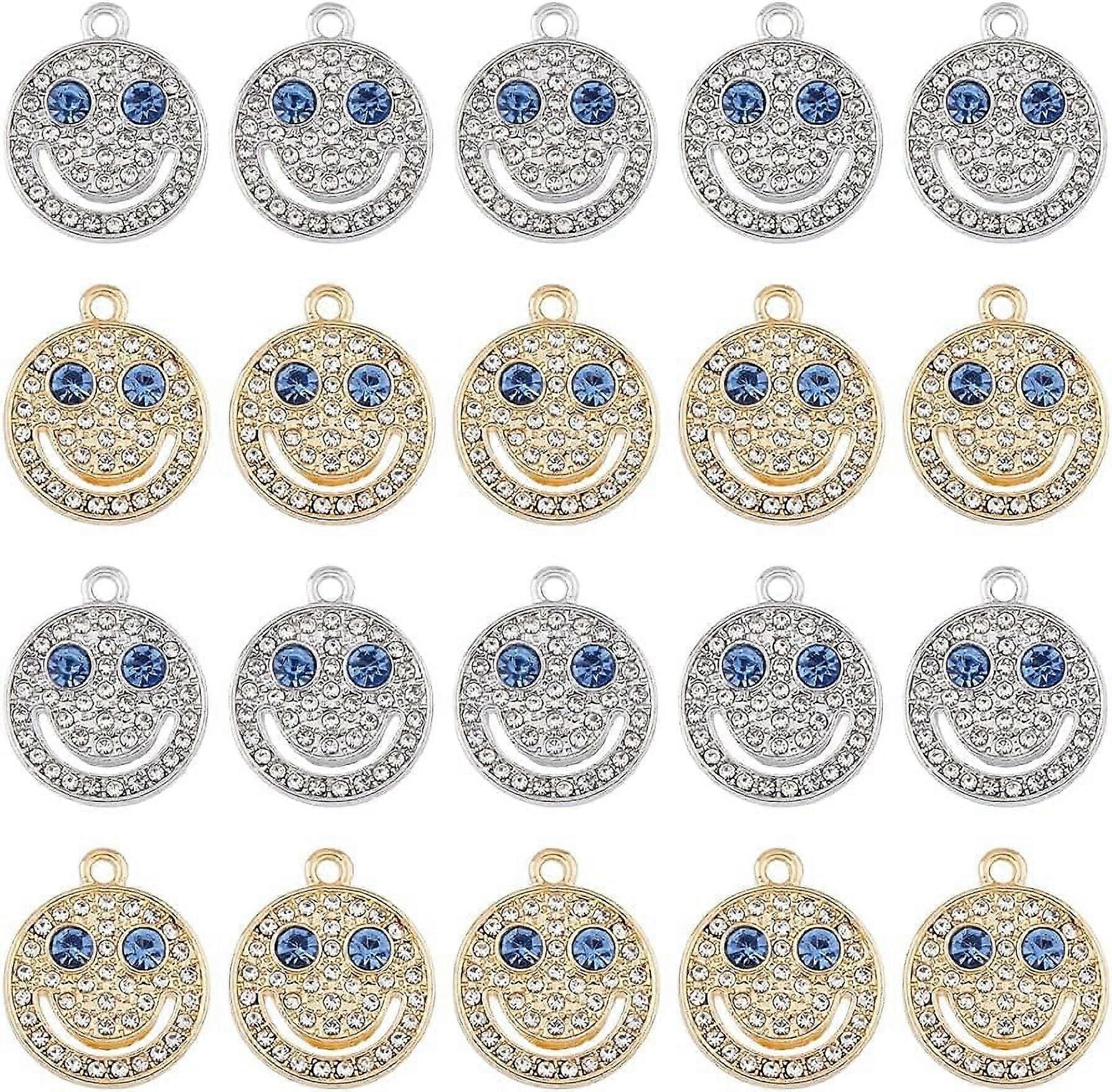 32Pcs 2 Colors Flat Round with Smiling Face Charms Smiley Face Charms Round Rhinestone Charms Joyful Face Alloy