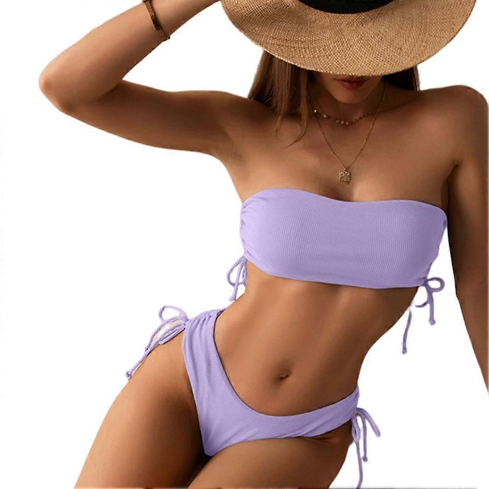 Violet Clair Femmes Dos Nu String Bikini Ensemble Sexy String Effronté Deux Pièces Maillots De Bain Couleur Unie Maillots De Bain