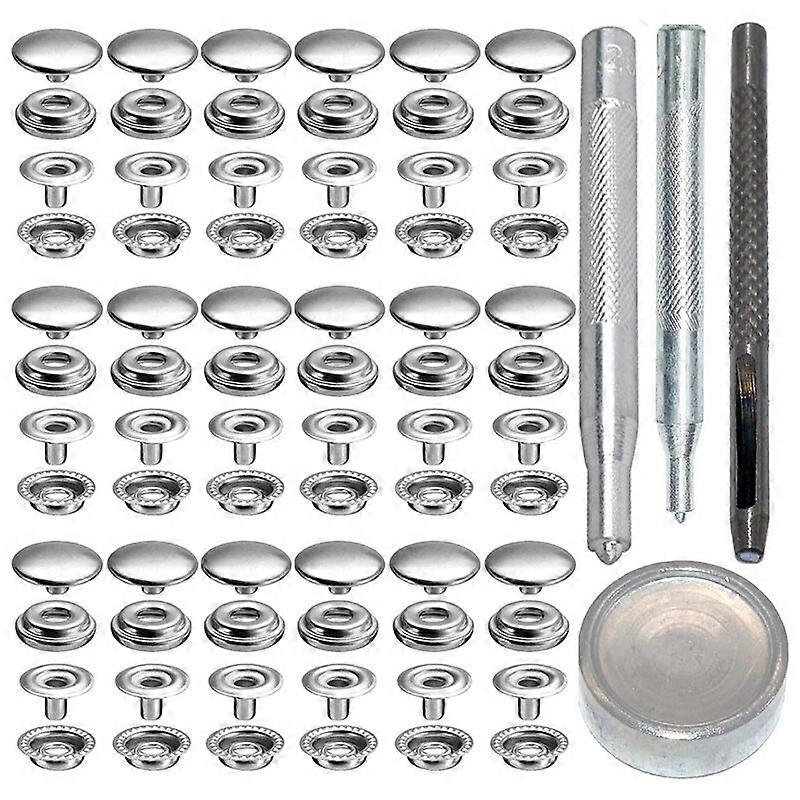 72Pcs 15MM Stainless Steel Fastener Snap Press Stud Button for Marine Boat Canvas with Punching Set Tool Kit Silver
