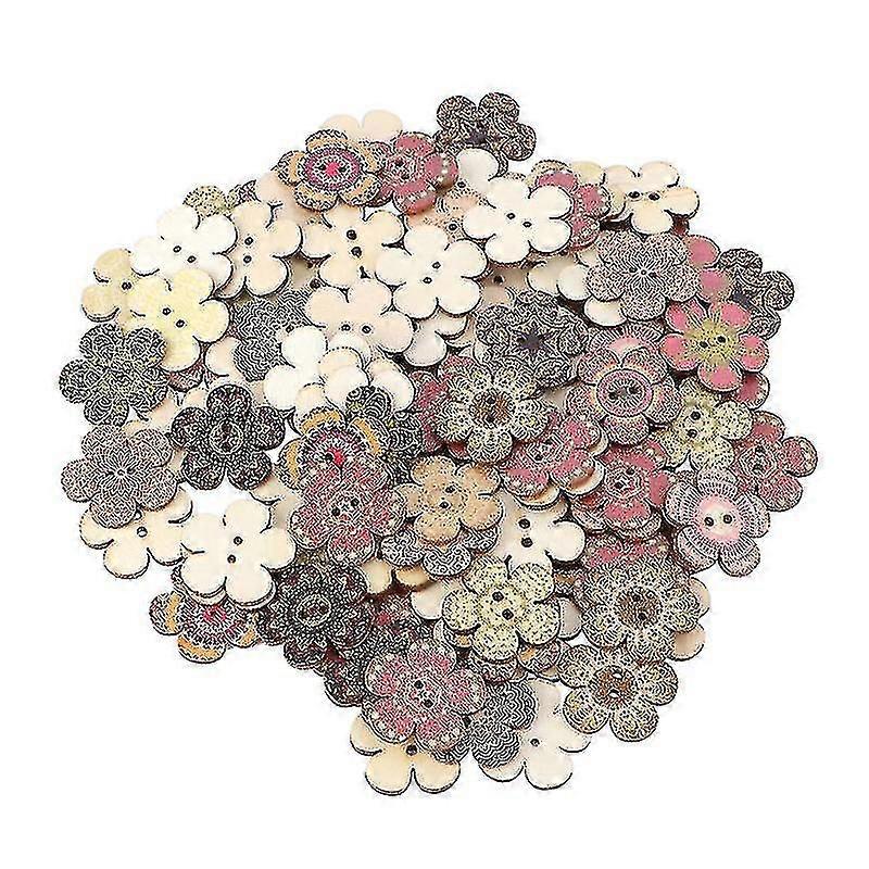 100pcs Wooden Clothes Button Diy Flower Shaped Buttons Colored Drawing Button