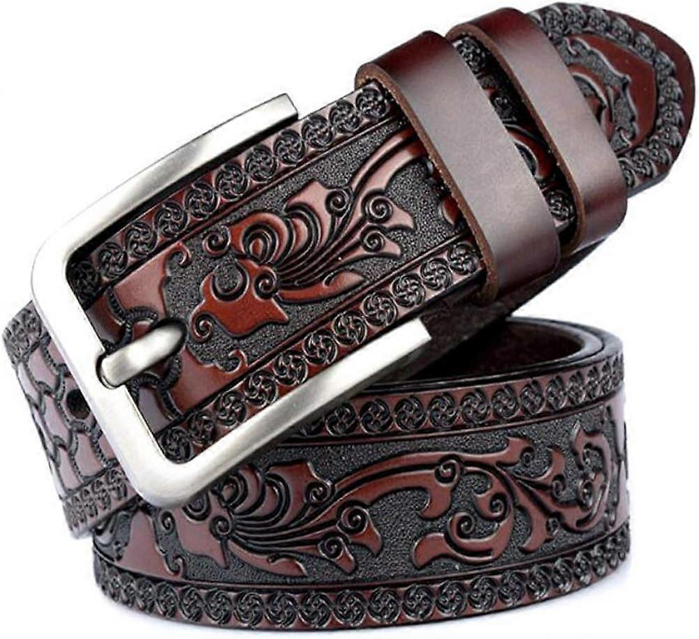 MUJIXI Leather belt with pin buckle, floral pattern, for men-Coffee color