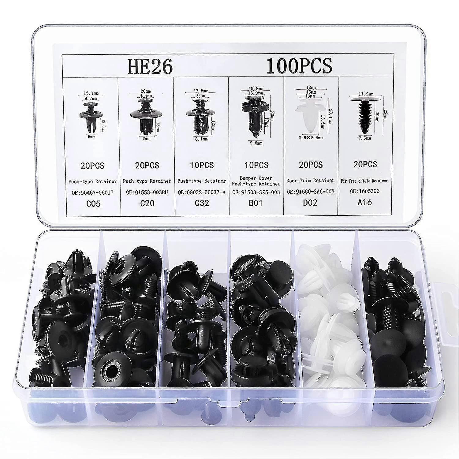 100 Pcs Car Retainer Clips Auto Body Fasteners Kit, 6 Most Commonly Used Size Auto Push Pin Rivets Set, Door Trim Panel