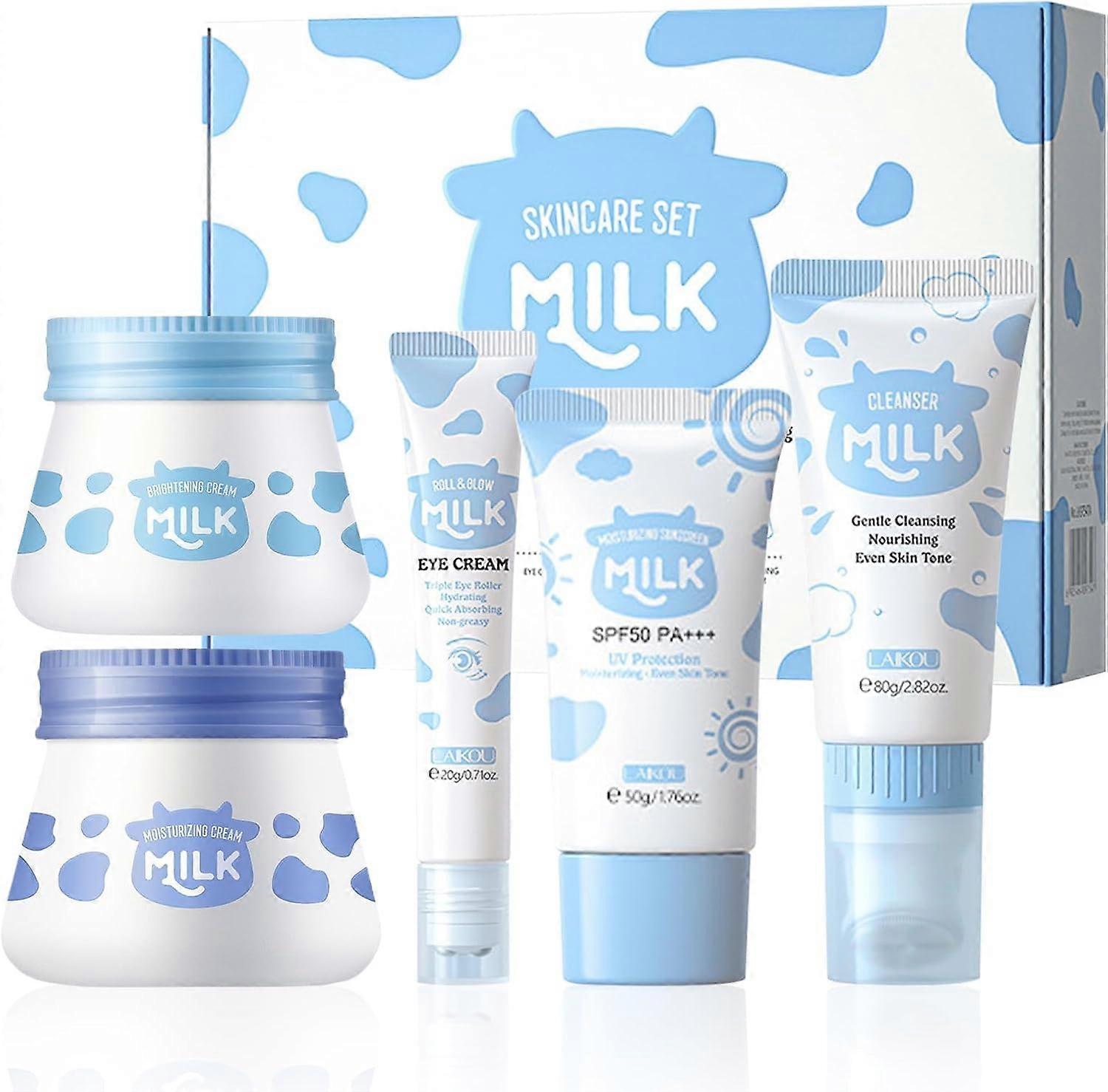 Conjunto de Cuidados com a Pele com Leite para Crianças, Presentes de Cuidados com a Pele com Proteína de Leite para Meninas Adolescentes, Conjunto de Presente com Limpador, Creme para os Olhos, Hidratante, Protetor Solar, Creme Iluminador