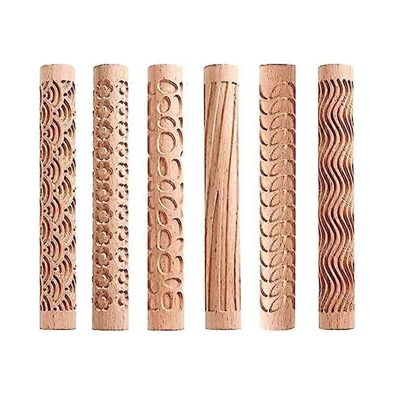 Set of 6 Wood Clay Modeling Pattern Rollers Kit, Clay Rolling Pin Textured Hand Roller Wooden Handle Pottery Tools Set