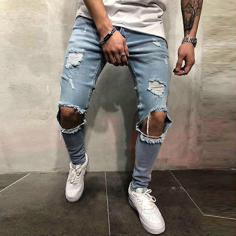 Men Ripped Stretch Skinny Jeans Distressed Frayed Denim Pants Knee