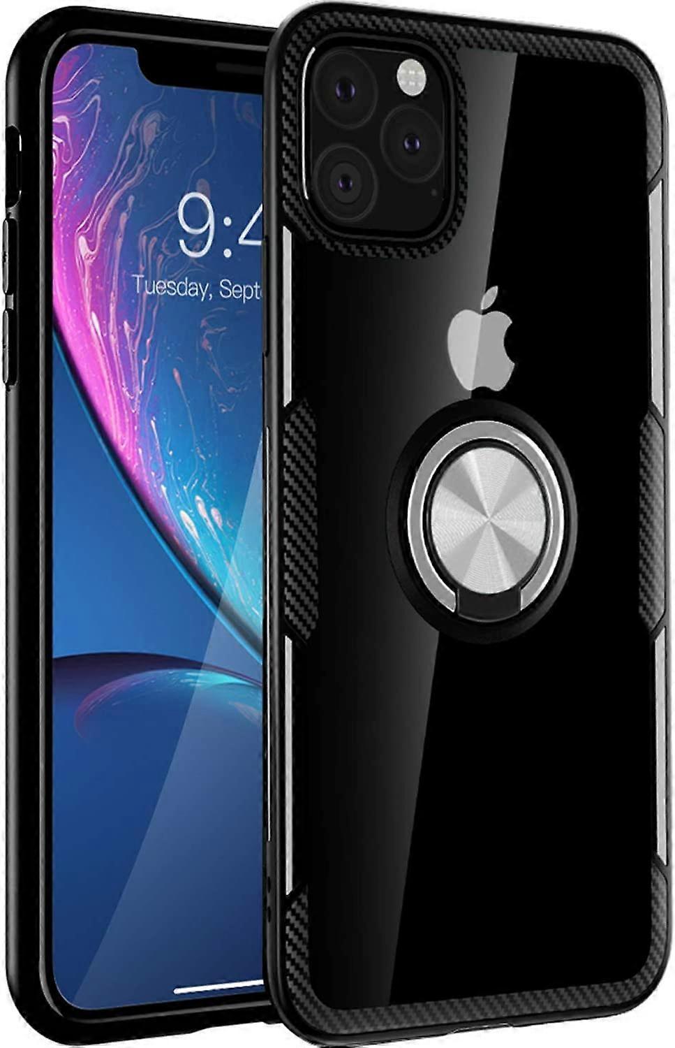Designed for iPhone 11 Pro Max Case 6.5 inch, Carbon Fiber Design Clear Crystal Anti-Scratch Case with 360 Degree Rotation Ring Kickstand(Work with Ma