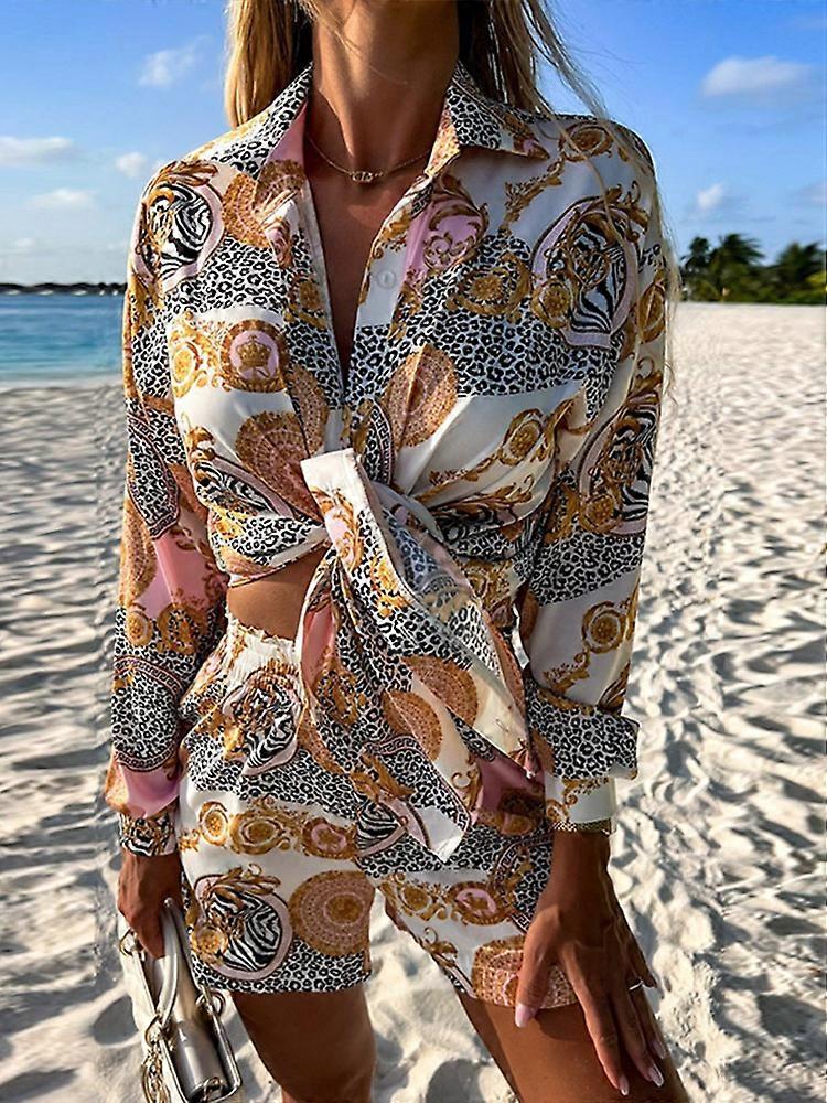 طباعة الحرير قطعتين مجموعات للنساء أنيقة طويلة الأكمام قميص وعالية الخصر شورتات صغيرة الدعاوى الصيف أنيقة شاطئ عطلة ملابس