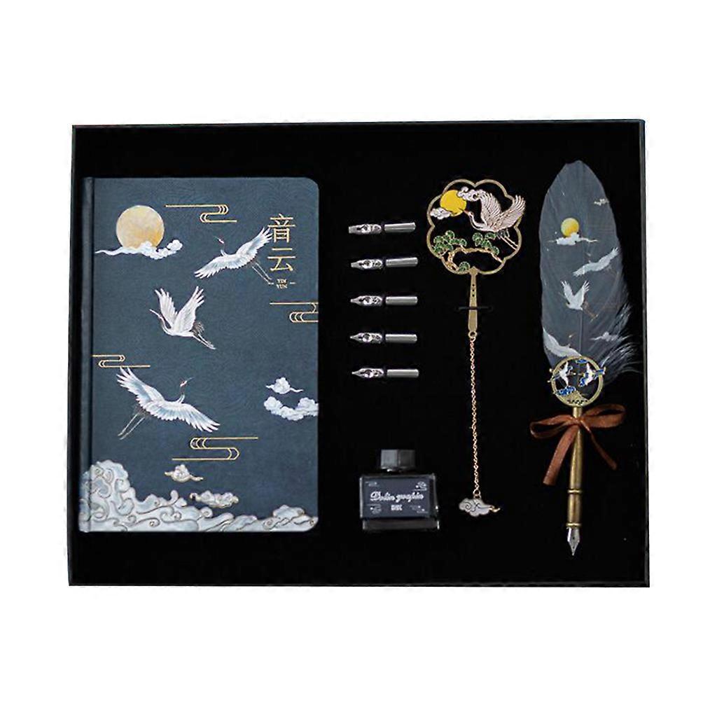  1 Set Retro Calligraphy Feather Pen Ancient Crane Pattern Design Quill Pen Kit