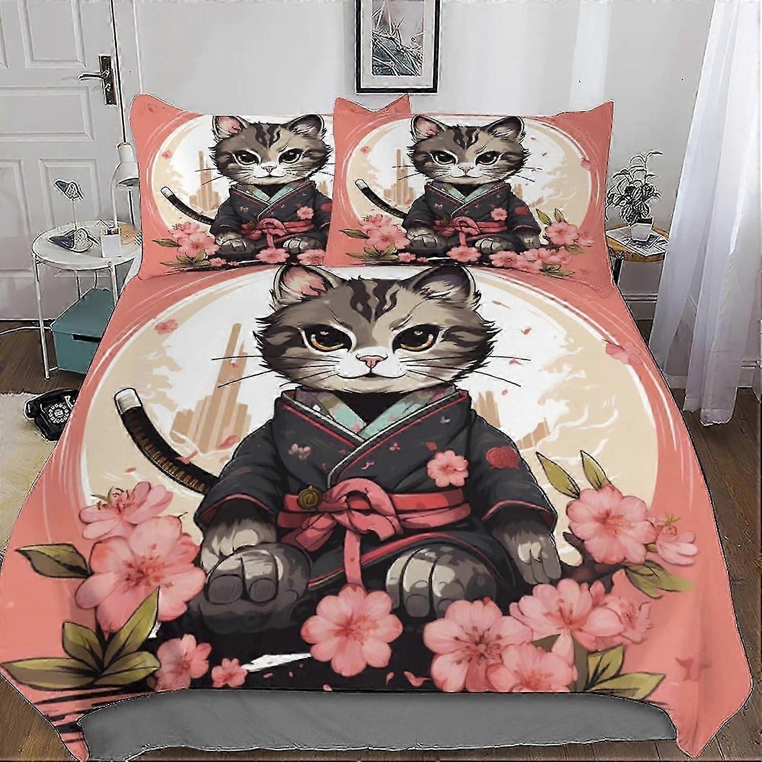 J3557 Lençóis Samurai Cat Capa de Edredão Conjunto de Cama Capa de Edredom Capa de Colcha com Fronha Microfibra Capa de Colcha Algodão Poli Macio 3 Peças S