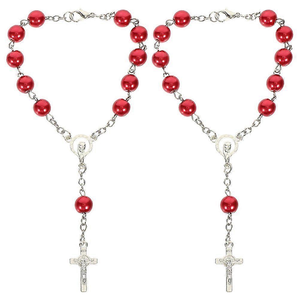 مسبحة السيارة لمرآة الرؤية الخلفية عبر قلادة ديكورات السيارات معلقة اكسسوارات نسائية رجال 2 قطعة حبات مسبحة كاثوليكية حمراء معدنية