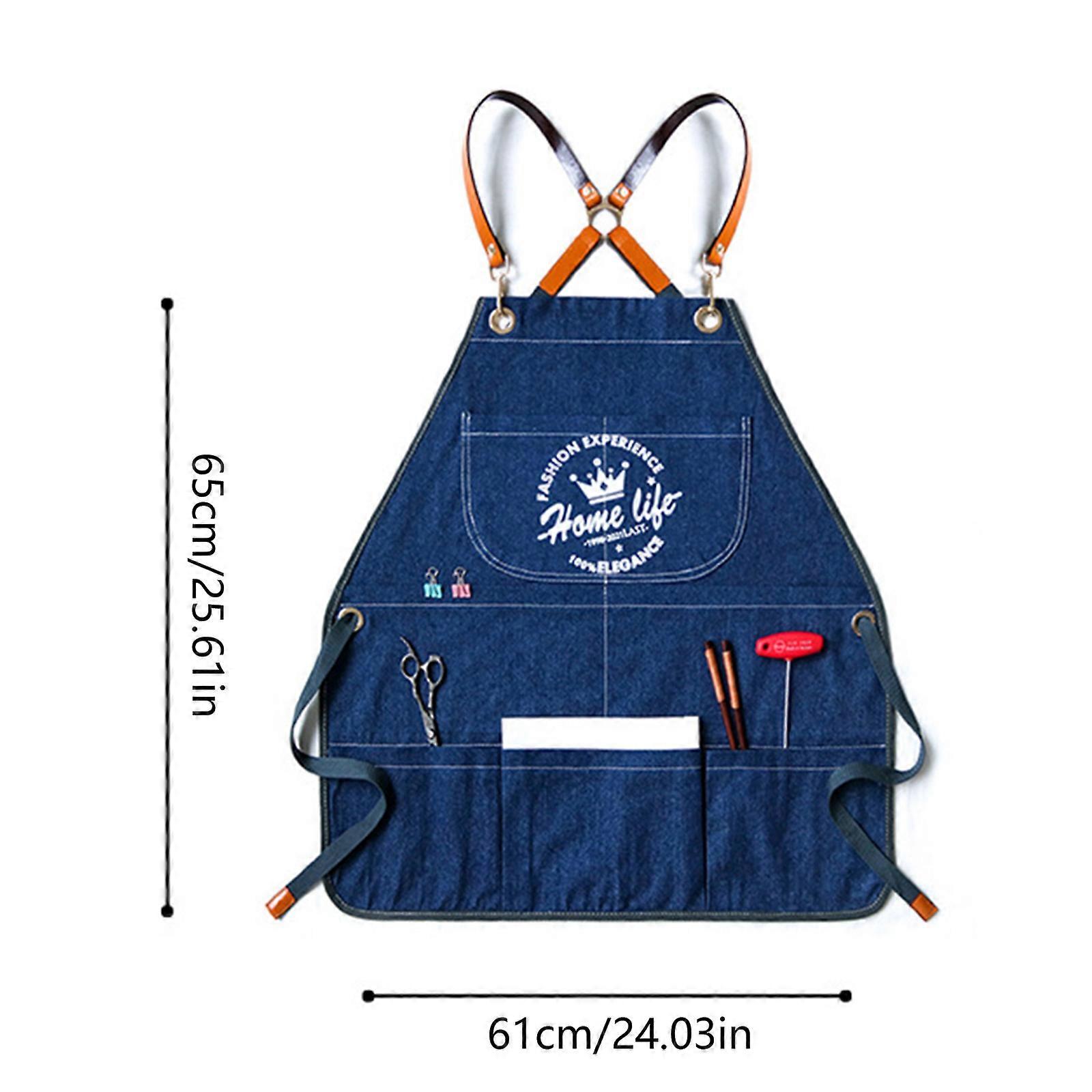 Adjustable Crossback Denim Apron with Pockets Practical Antifouling Denim Apron with Pocket for Working Unisex Apron Dark blue
