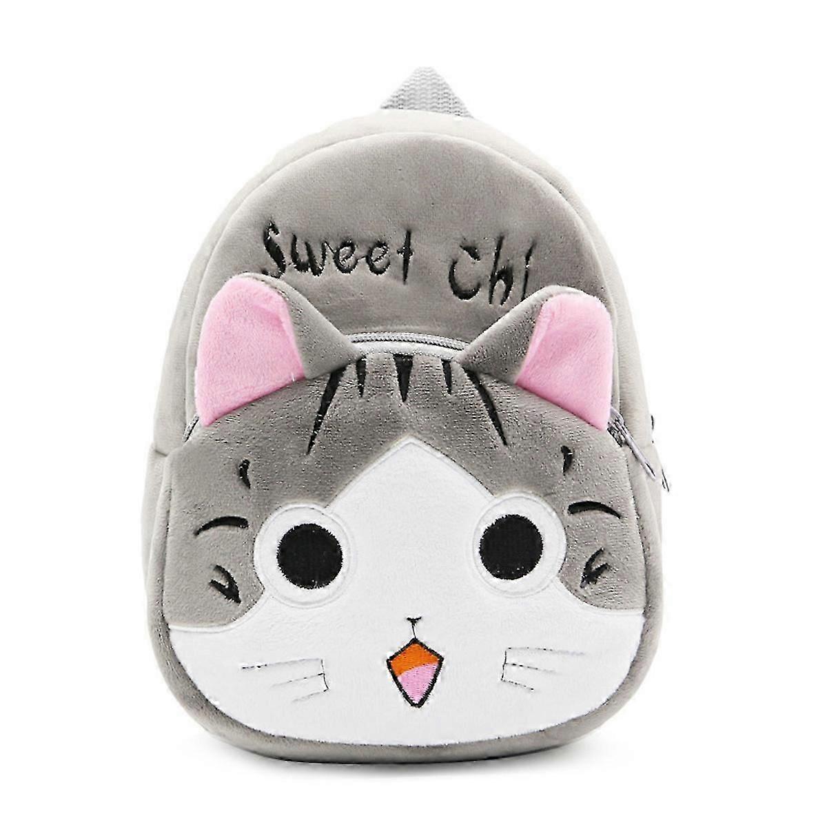 Plush Cat Backpack Cartoon Toddler Preschool Bag Grey Bookbag With Front Zipped Pocket