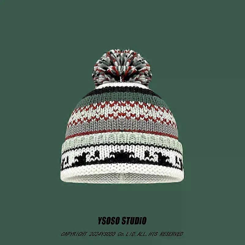 Niche Ethnic Style Retro Hand knitted Contrasting Wool Beanie Hat Women Autumn Winter Warm Ear Protection Grassland Beanie Cap