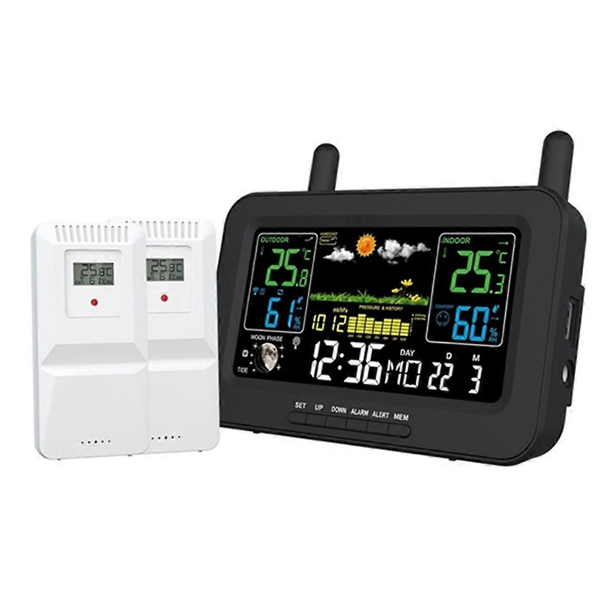 Multi-Function Color Screen Digital Weather Station Weather Station Radio Clock with Wireless Outdoor Sensor Black (UK)