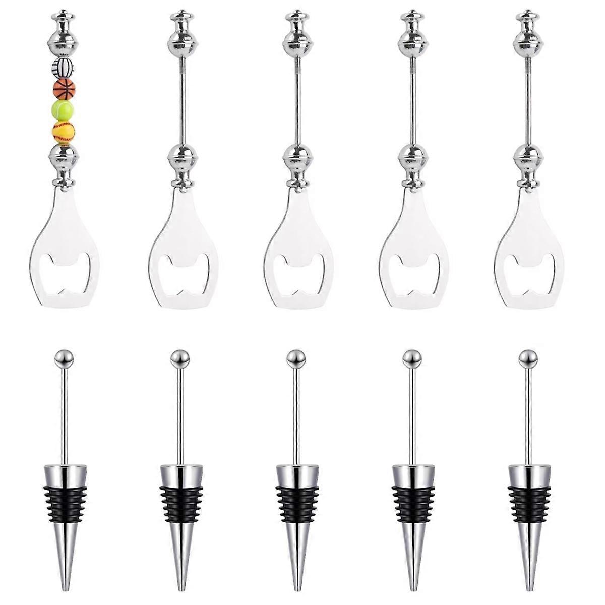 10 Pcs Beadable Wine Stoppers Beer Opener Set, 5Pcs Decorative Wine Stoppers & 5Pcs Alloy Reusable B