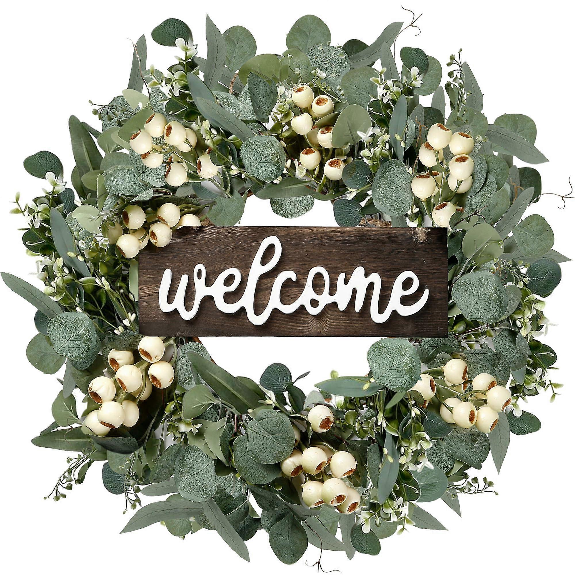 Green Artificial Eucalyptus Wreath 20in with Welcome Sign, White Berries, Perfect for Spring Summer Front Door Decor