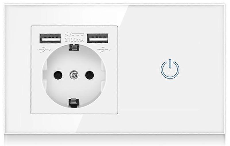 EU Smart Touch Light Switch + Germany Socket + 2 USB Ports Outlet White Crystal Glass Panel 16A
