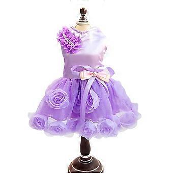 Pet Small Dog Wedding Dress with Bowknot, Birthday Party Costume Rose Pearls Girl Formal Dress for Cat(Purple)